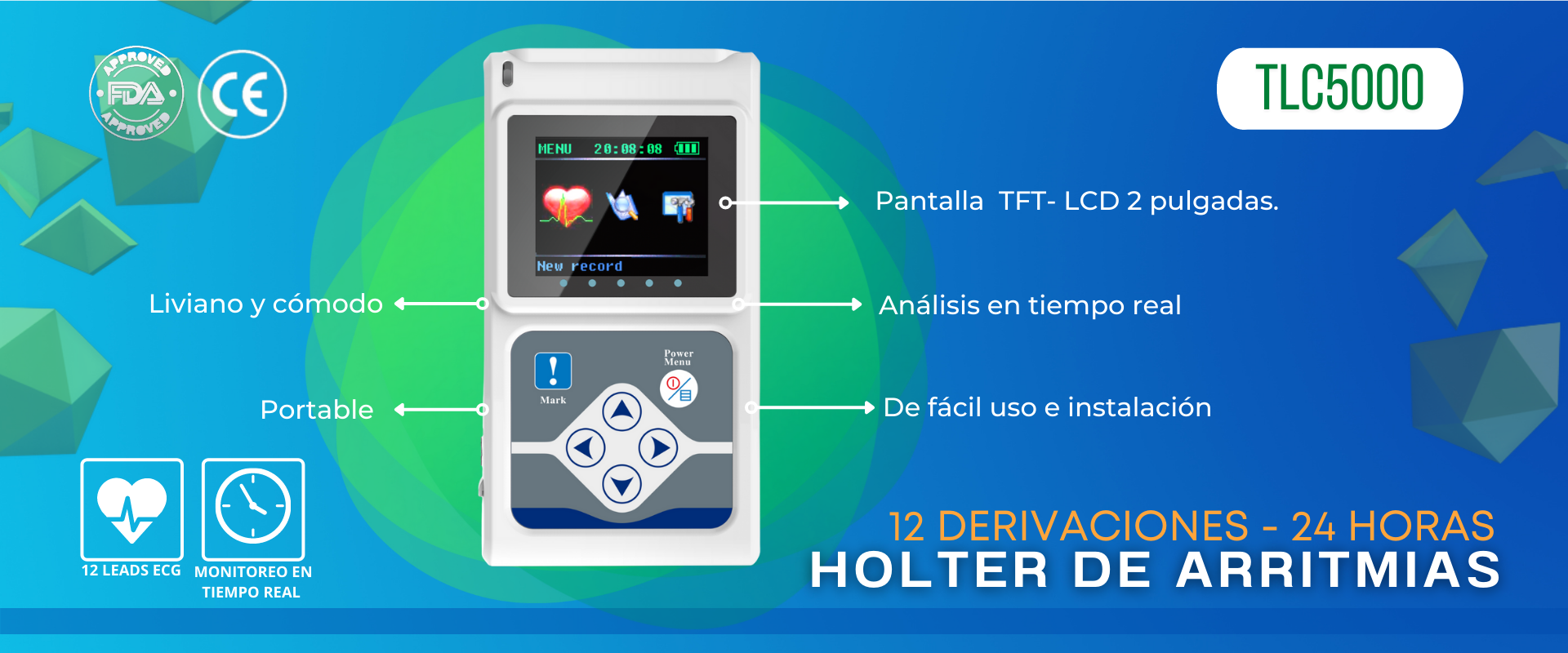 Holter de arritmias:Portátil, pantalla a color, 12 canales, 24 horas de registro. Conexión a PC. Anti-vibración y anti-interferencia, Autodiagnóstico. Marcador de eventos.