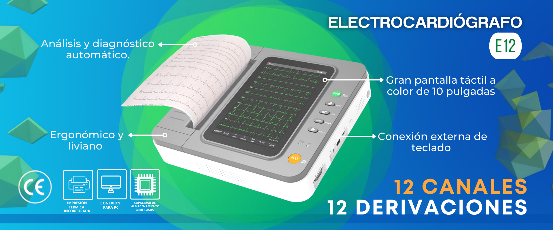 Electrocardiografo: 12 canales de impresión, pantalla táctil 10 pulgadas,autodiagnóstico.