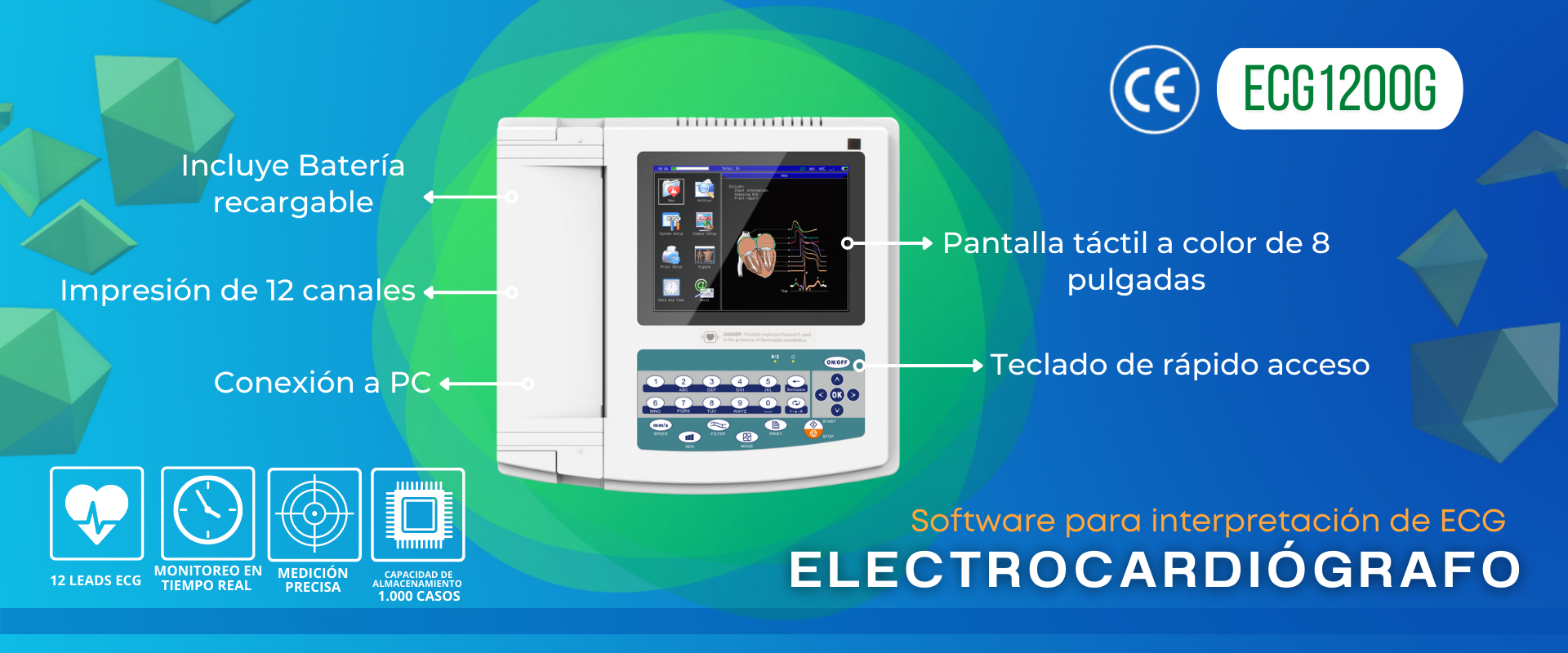 Electrocardiografo: 12 canales, CONTEC ECG1200G, pantalla tactil a color, incluye bateria recargable.