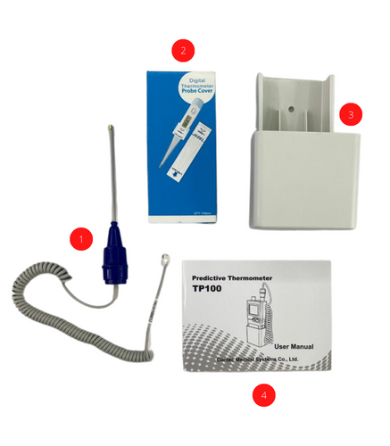 Termómetro cuenta con Sonda de temperatura con cable expansible, Cubiertas de plástico para la sonda de temperatura, Soporte de pared para el termómetro digital, Manual de Usuario.